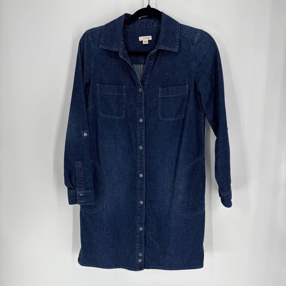 J JILL Denim Shirt Dress Womens XS Blue Roll Tab Sleeves Pockets